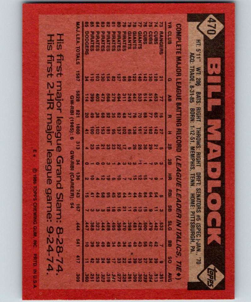 1986 Topps #470 Bill Madlock Dodgers MLB Baseball