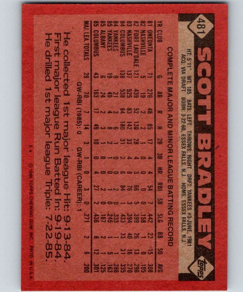 1986 Topps #481 Scott Bradley Yankees MLB Baseball