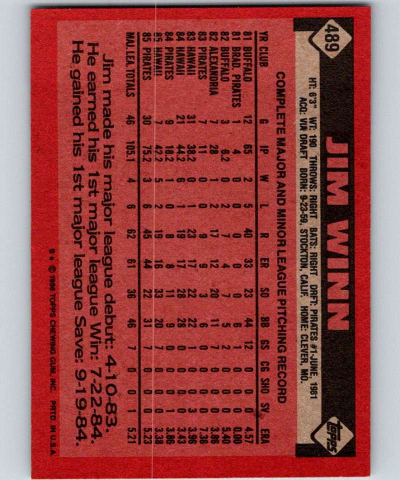 1986 Topps #489 Jim Winn Pirates MLB Baseball