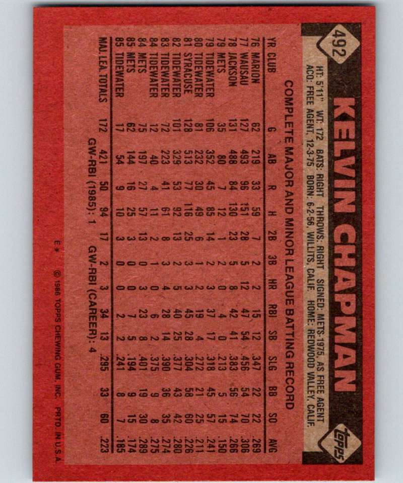 1986 Topps #492 Kelvin Chapman Mets MLB Baseball Image 2
