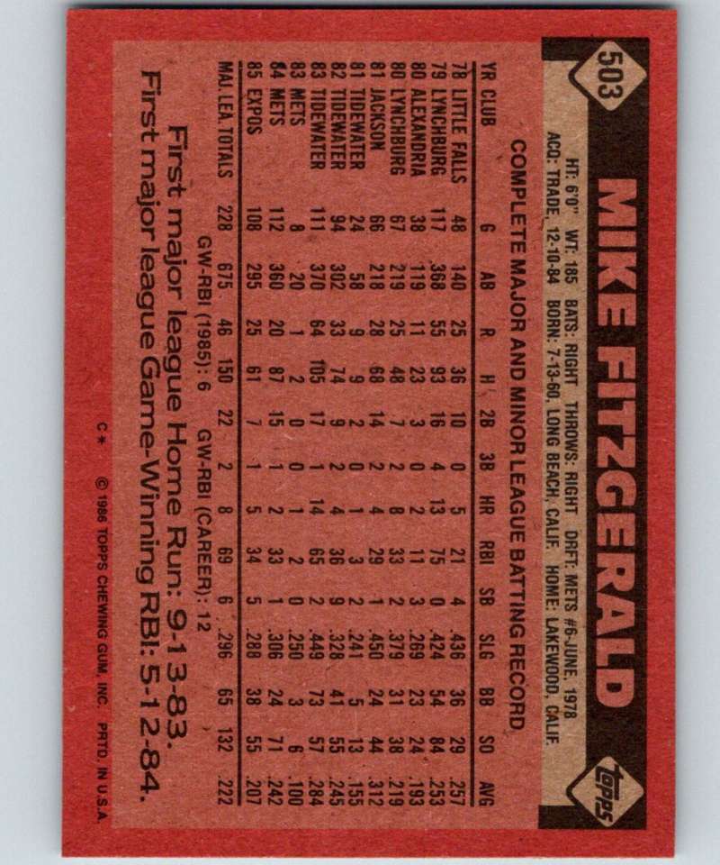 1986 Topps #503 Mike Fitzgerald Expos MLB Baseball Image 2