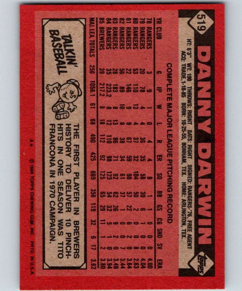 1986 Topps #519 Danny Darwin Brewers MLB Baseball Image 2