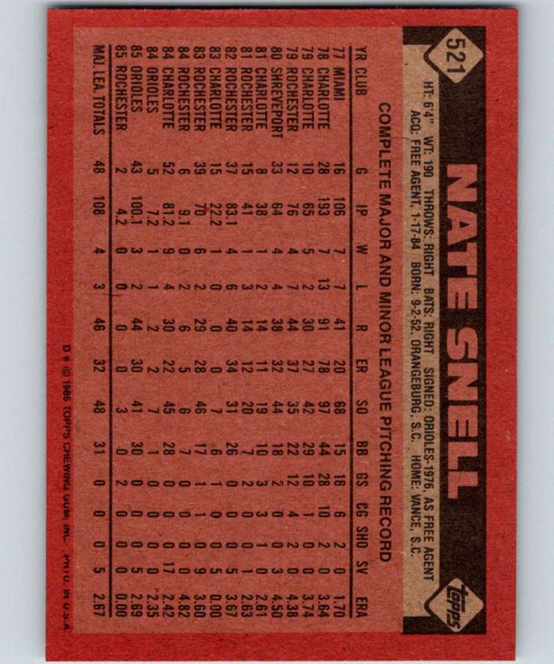 1986 Topps #521 Nate Snell Orioles MLB Baseball Image 2