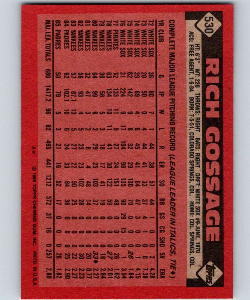 1986 Topps #530 Rich Gossage Padres MLB Baseball Image 2