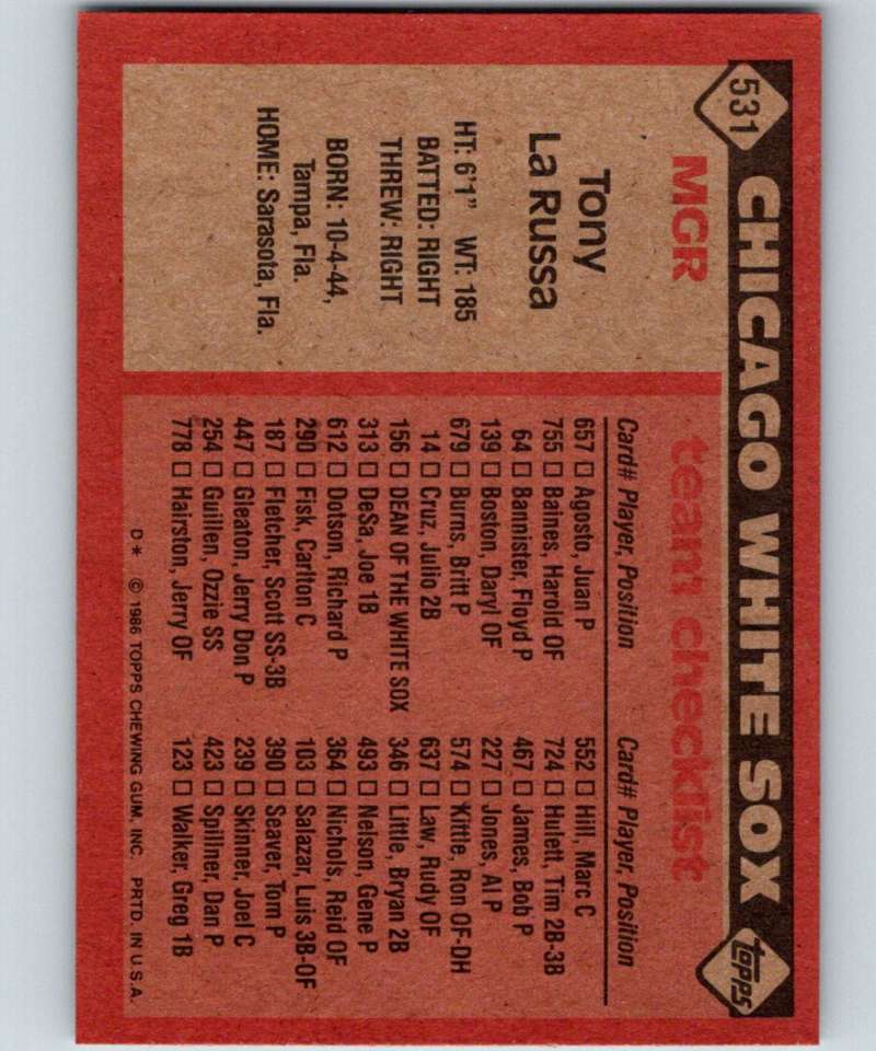 1986 Topps #531 Tony LaRussa White Sox MG MLB Baseball