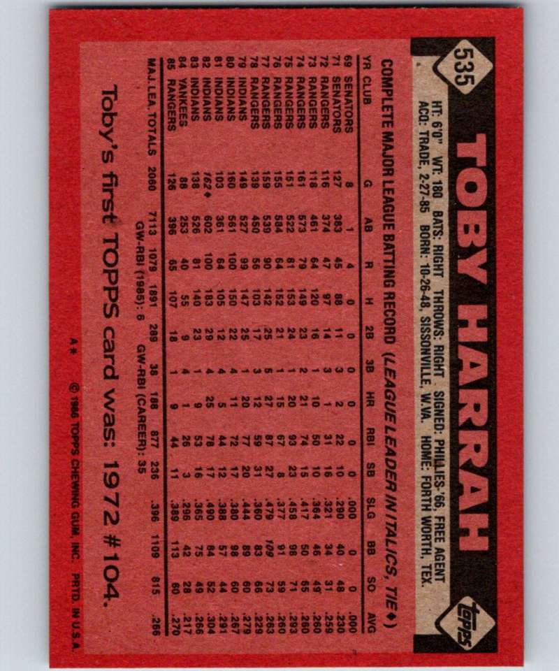 1986 Topps #535 Toby Harrah Rangers MLB Baseball Image 2