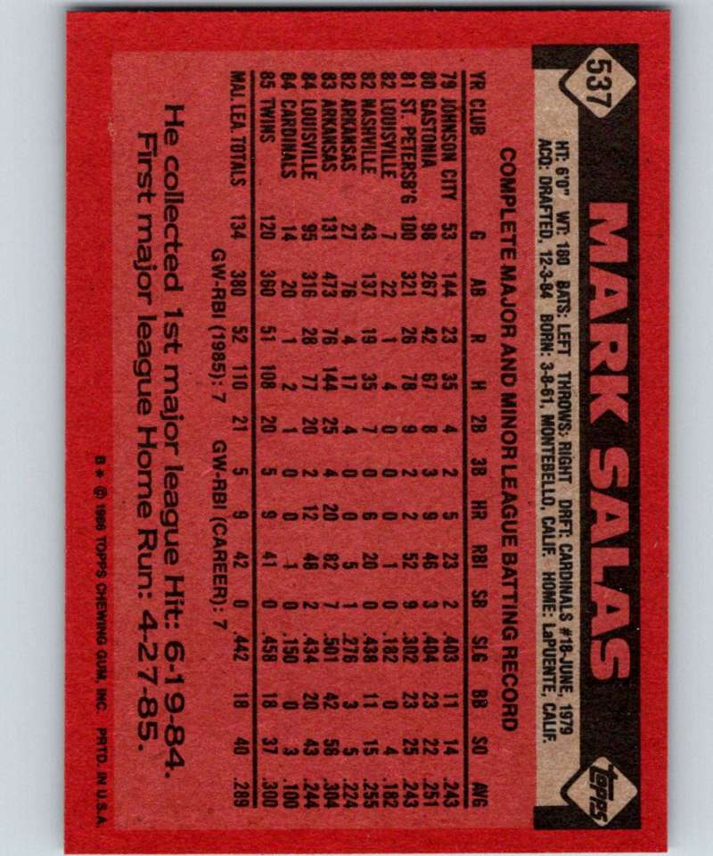 1986 Topps #537 Mark Salas Twins MLB Baseball