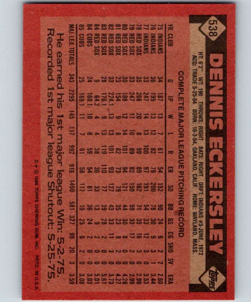 1986 Topps #538 Dennis Eckersley Cubs MLB Baseball