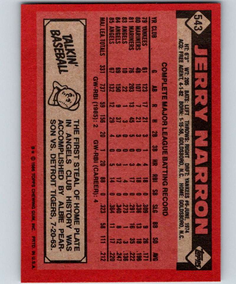 1986 Topps #543 Jerry Narron Angels MLB Baseball