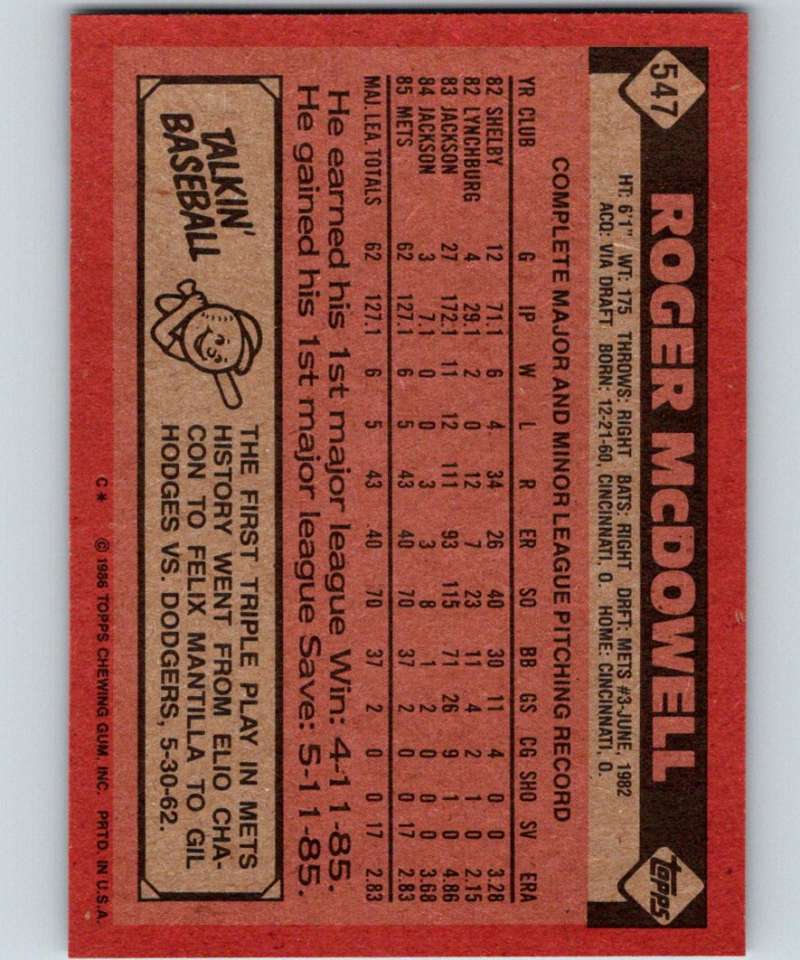 1986 Topps #547 Roger McDowell RC Rookie Mets MLB Baseball
