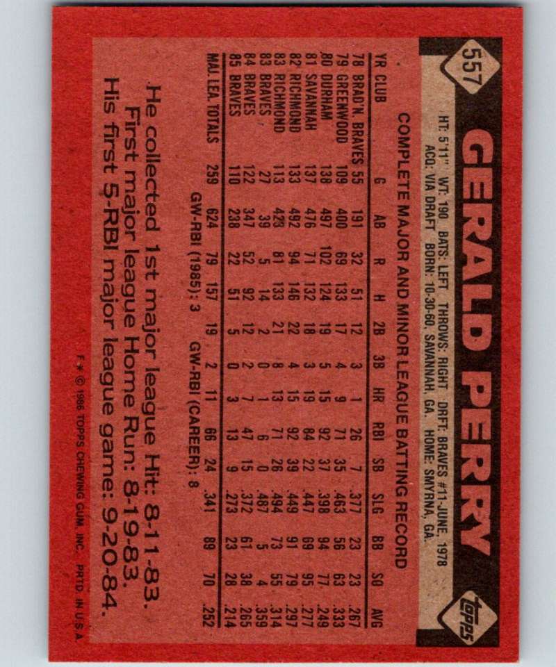 1986 Topps #557 Gerald Perry Braves MLB Baseball Image 2