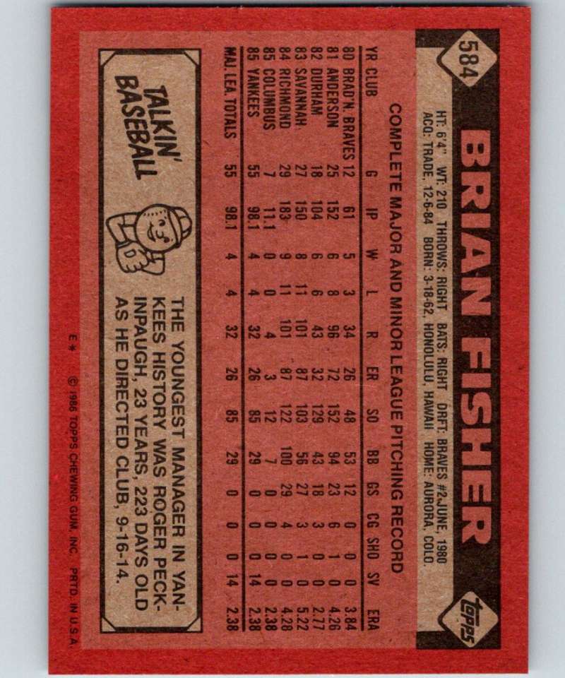 1986 Topps #584 Brian Fisher RC Rookie Yankees MLB Baseball Image 2