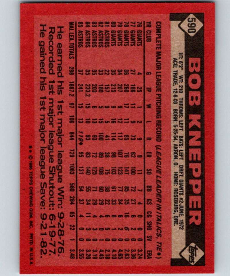 1986 Topps #590 Bob Knepper Astros MLB Baseball Image 2