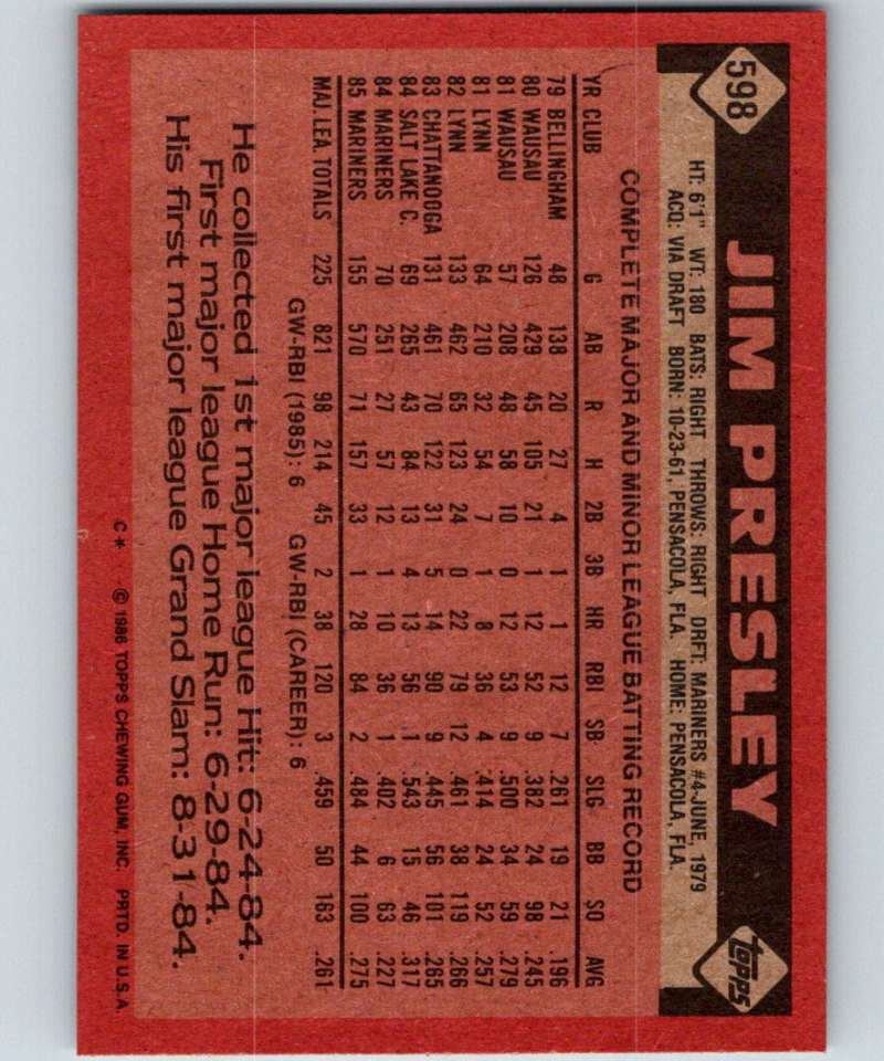 1986 Topps #598 Jim Presley Mariners MLB Baseball