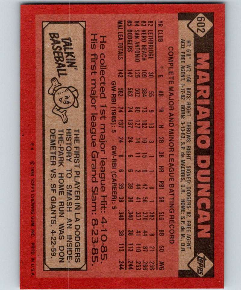 1986 Topps #602 Mariano Duncan RC Rookie Dodgers MLB Baseball Image 2