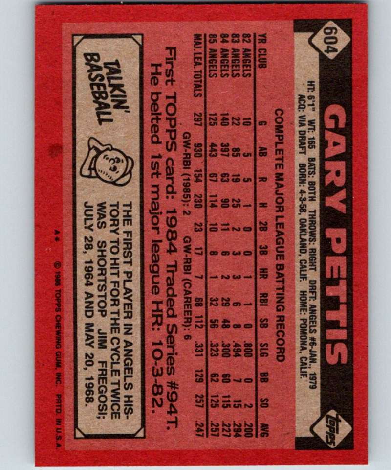 1986 Topps #604 Gary Pettis Angels MLB Baseball Image 2