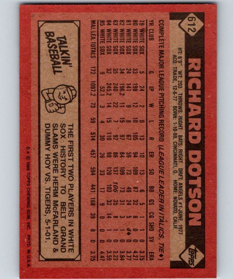 1986 Topps #612 Richard Dotson White Sox MLB Baseball Image 2