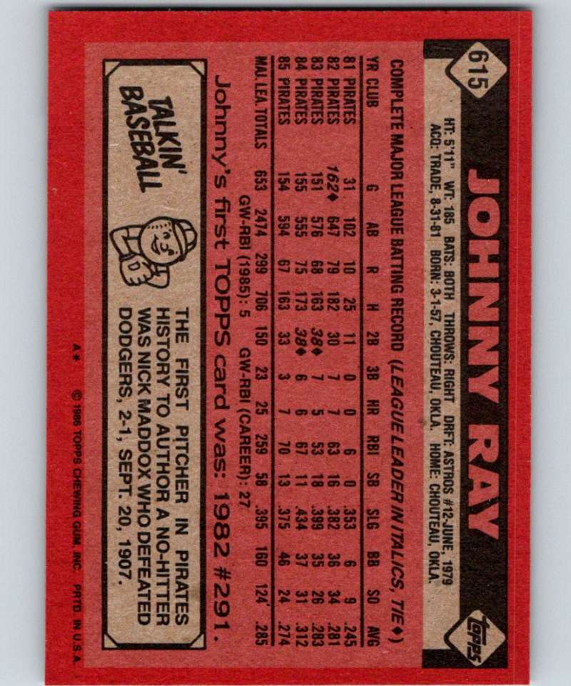 1986 Topps #615 Johnny Ray Pirates MLB Baseball Image 2