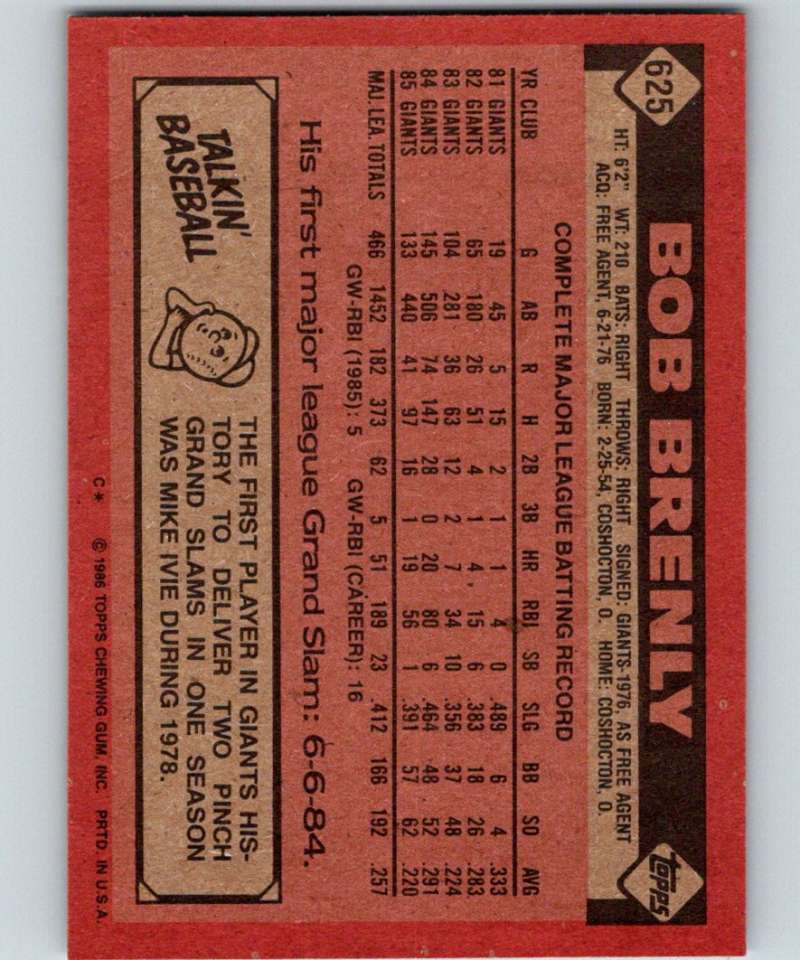 1986 Topps #625 Bob Brenly Giants MLB Baseball Image 2