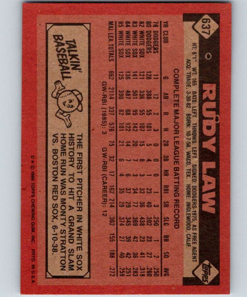 1986 Topps #637 Rudy Law White Sox MLB Baseball Image 2