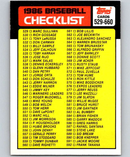 1986 Topps #659 Checklist 529-660 MLB Baseball Image 1