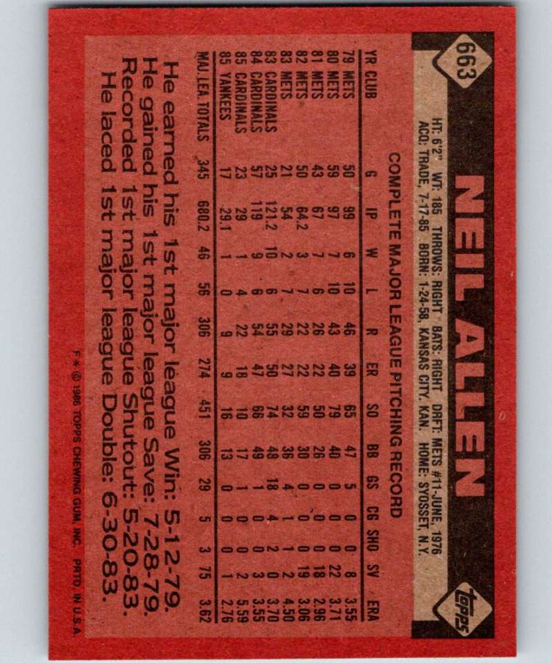 1986 Topps #663 Neil Allen Yankees MLB Baseball Image 2