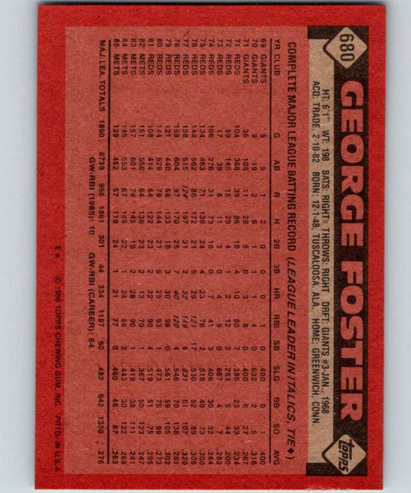 1986 Topps #680 George Foster Mets MLB Baseball