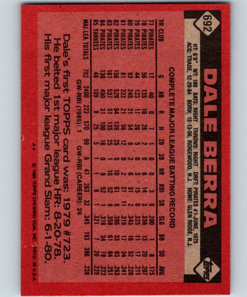 1986 Topps #692 Dale Berra Yankees MLB Baseball