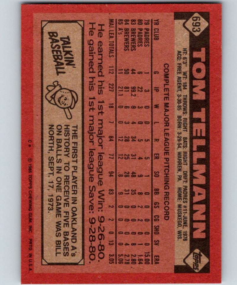 1986 Topps #693 Tom Tellmann Athletics MLB Baseball Image 2