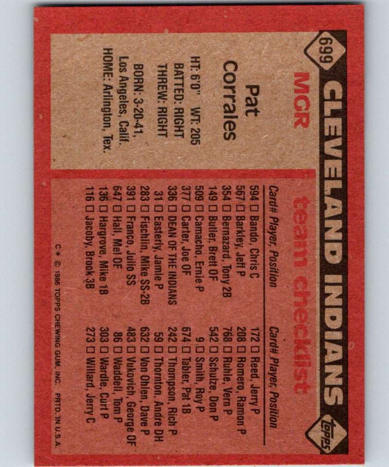 1986 Topps #699 Pat Corrales Indians MG MLB Baseball Image 2