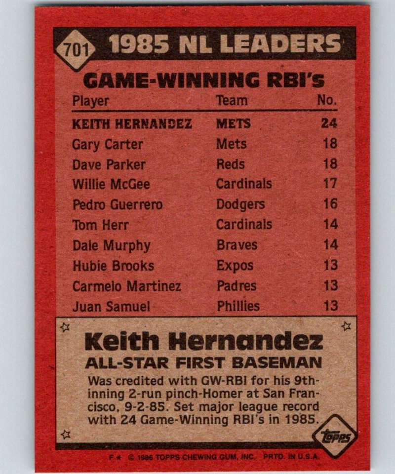 1986 Topps #701 Keith Hernandez Mets AS MLB Baseball