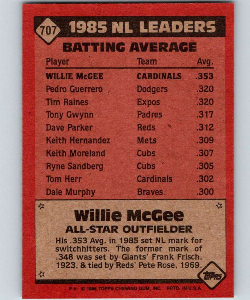 1986 Topps #707 Willie McGee Cardinals AS MLB Baseball Image 2