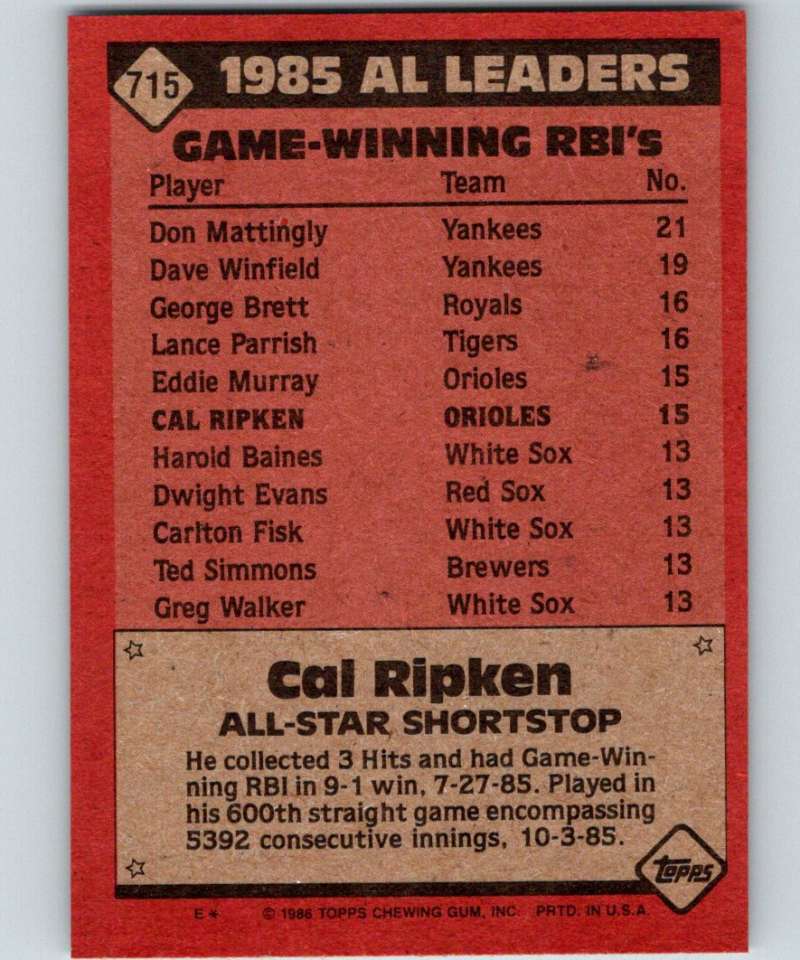 1986 Topps #715 Cal Ripken Jr. Orioles AS MLB Baseball
