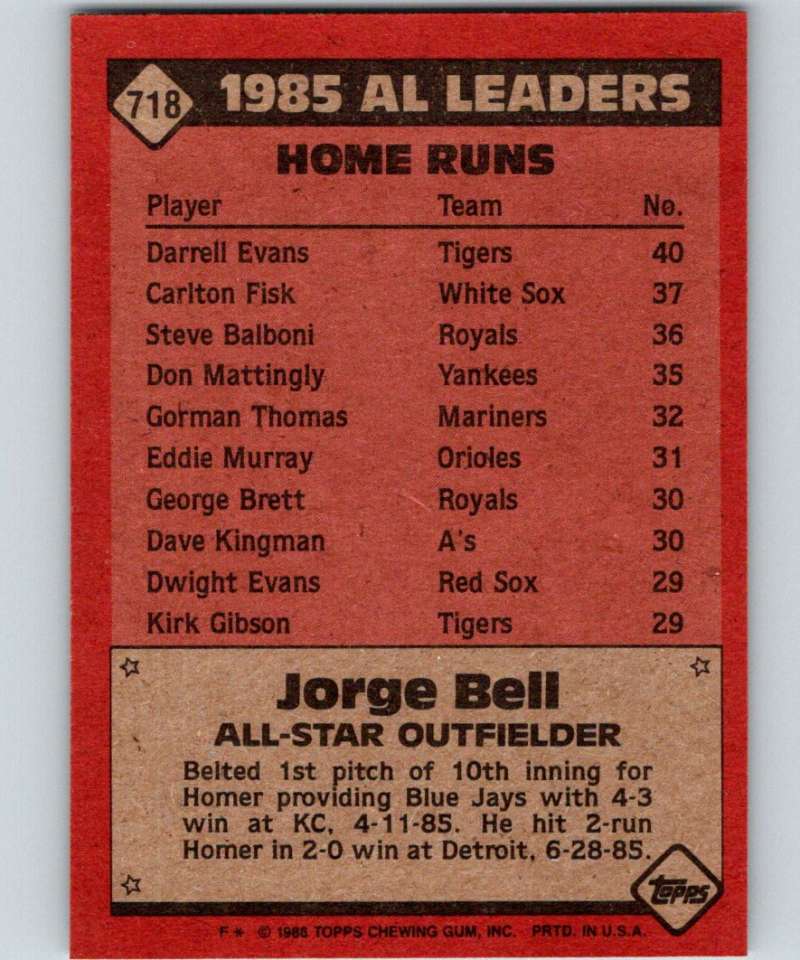 1986 Topps #718 Jorge Bell Blue Jays AS MLB Baseball