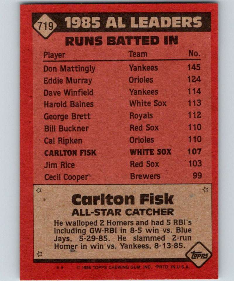 1986 Topps #719 Carlton Fisk White Sox AS MLB Baseball