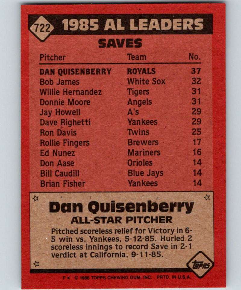 1986 Topps #722 Dan Quisenberry Royals AS MLB Baseball Image 2