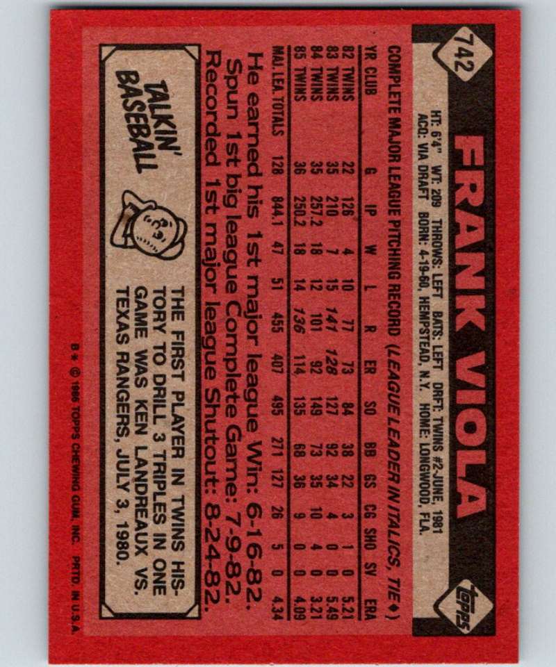 1986 Topps #742 Frank Viola Twins MLB Baseball Image 2