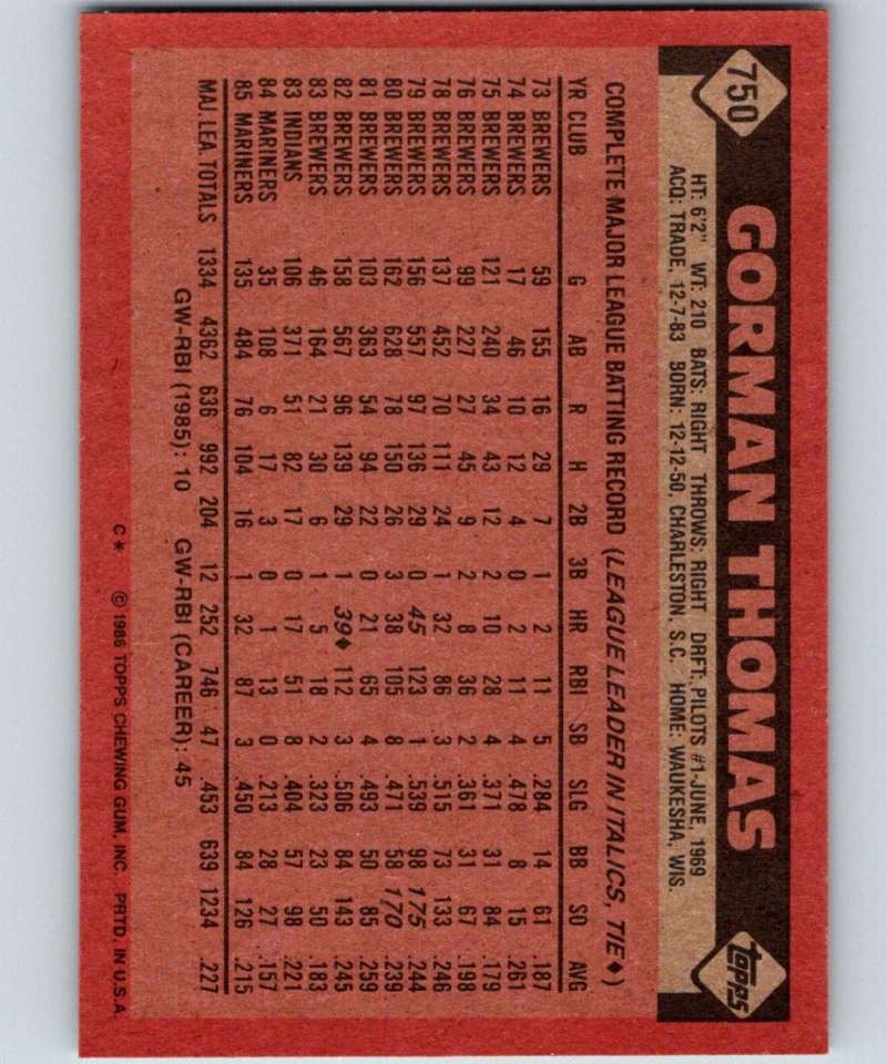 1986 Topps #750 Gorman Thomas Mariners MLB Baseball
