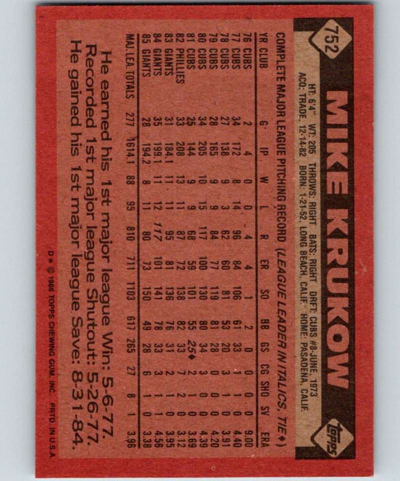1986 Topps #752 Mike Krukow Giants MLB Baseball Image 2