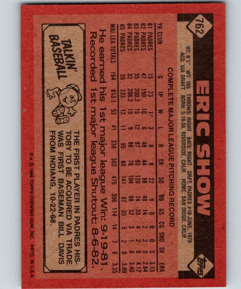 1986 Topps #762 Eric Show Padres MLB Baseball Image 2