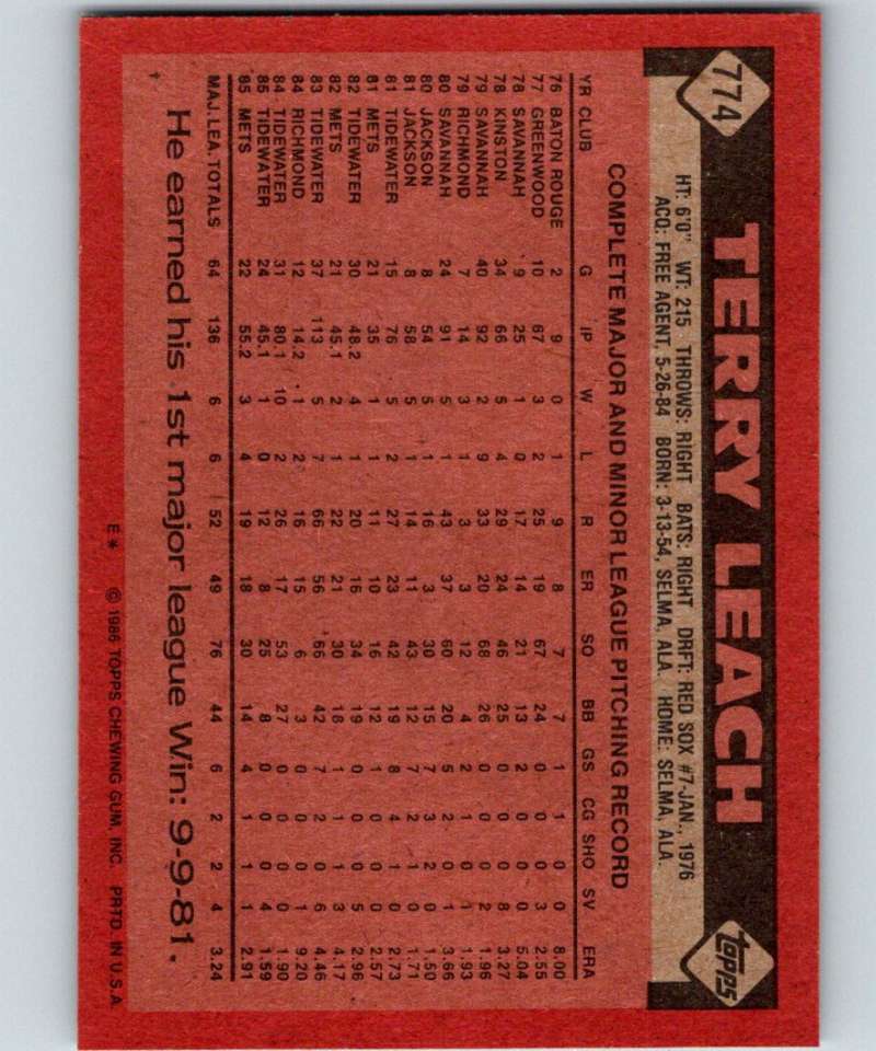 1986 Topps #774 Terry Leach Mets MLB Baseball Image 2