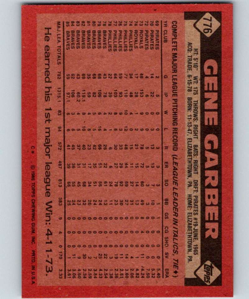 1986 Topps #776 Gene Garber Braves MLB Baseball Image 2