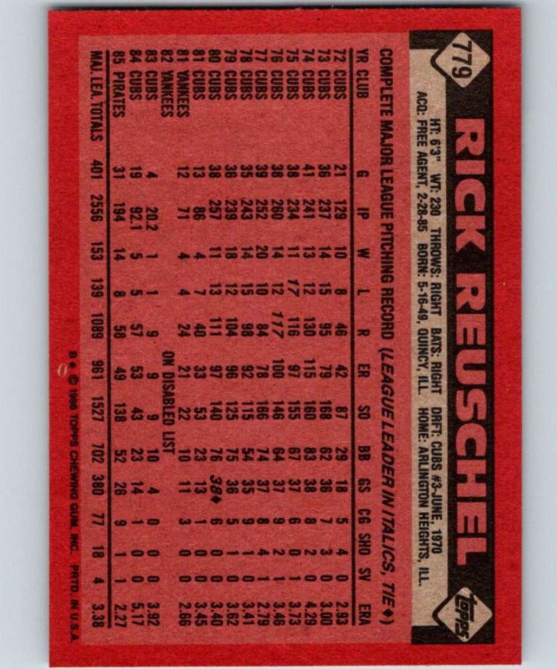 1986 Topps #779 Rick Reuschel Pirates MLB Baseball Image 2