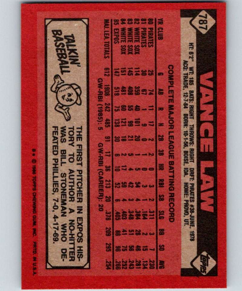 1986 Topps #787 Vance Law Expos MLB Baseball Image 2