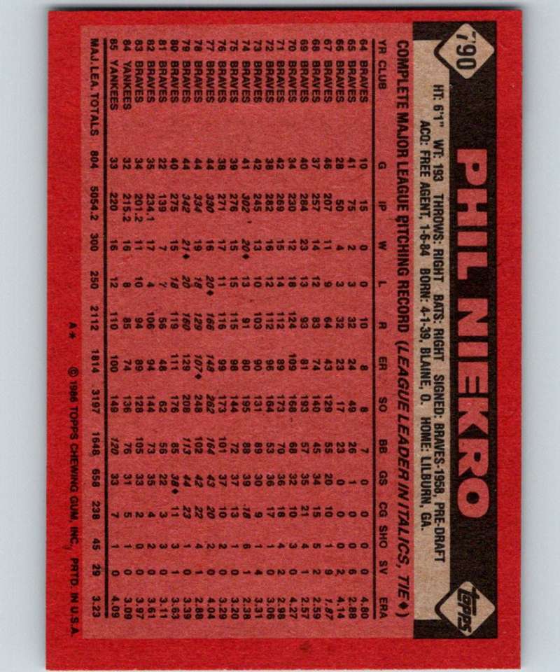 1986 Topps #790 Phil Niekro Yankees MLB Baseball Image 2