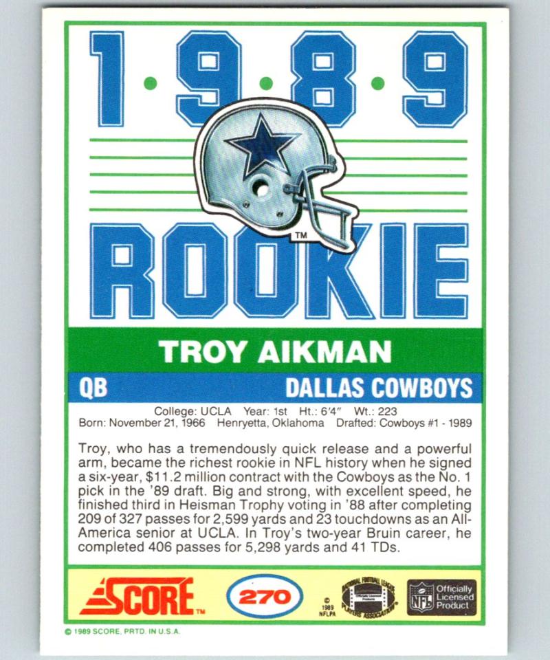 1989 Score #270 Troy Aikman MINT RC Rookie Football NFL 03057