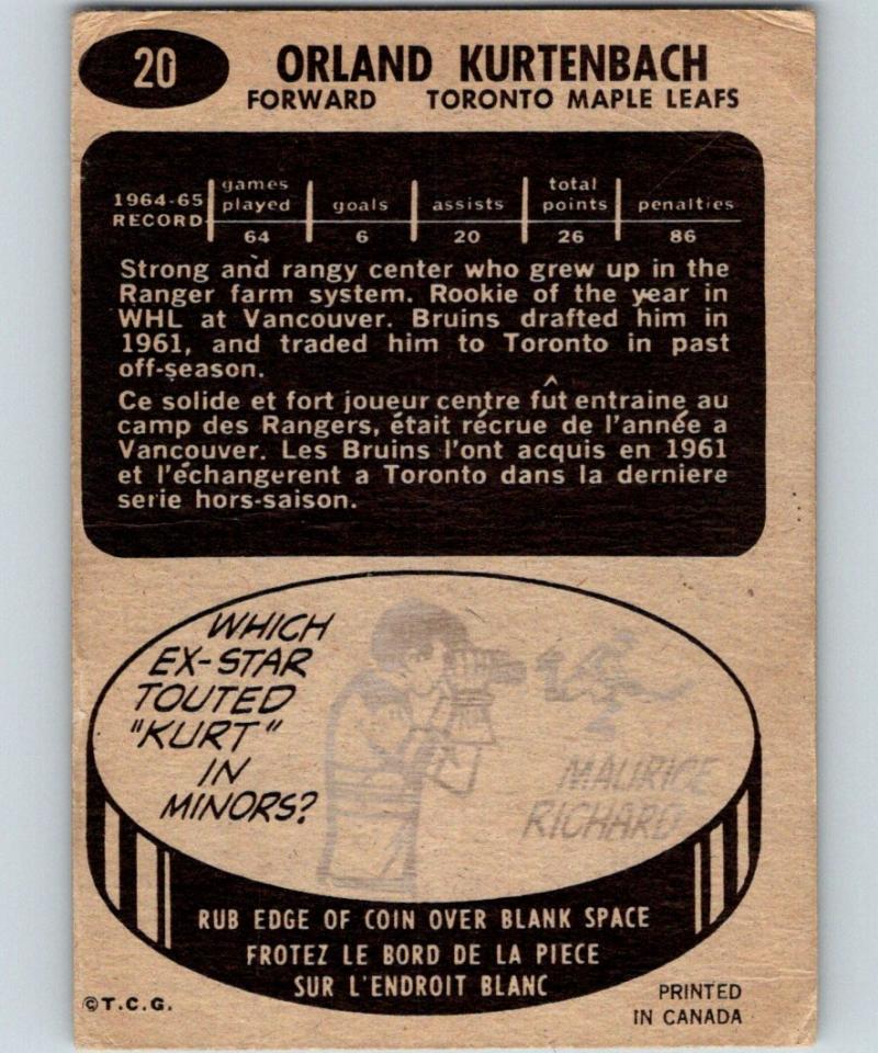1965-66 Topps #20 Orland Kurtenbach Hockey Card NHL Vintage 03059