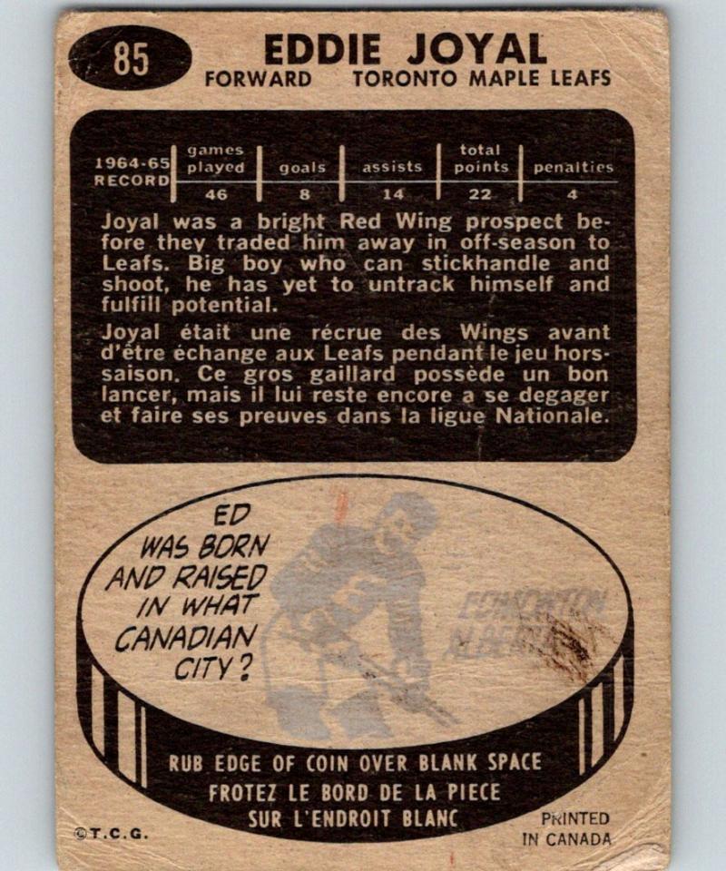 1965-66 Topps #85 Eddie Joyal RC Rookie Hockey NHL Vintage 03060