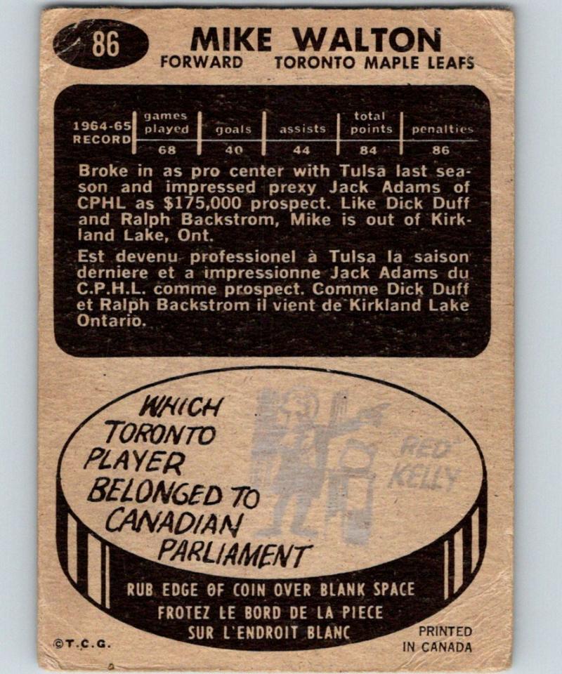 1965-66 Topps #86 Mike Walton RC Rookie Hockey Card NHL Vintage 03061