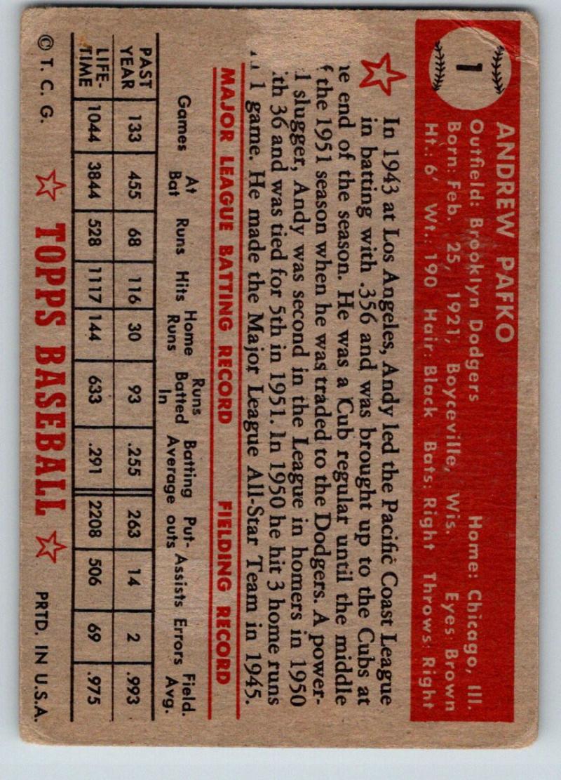 1952 Topps Red Back #1 Andy Pafko Vintage Baseball Card - BV $5000 Image 3